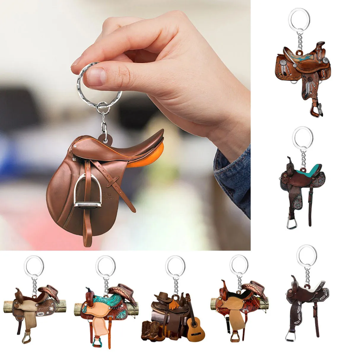 Mini saddle keychain held in a hand